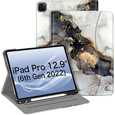 Abbildung von Fintie Folio Hülle für iPad Pro 12.9 Zoll (32.8 cm) 5. Generation 2021, Multi Angle Smart Stand Cover mit Stifthalter und Tasche, auch passend 2020 4th &amp; 2018 3rd Gen, Wolken Marmor