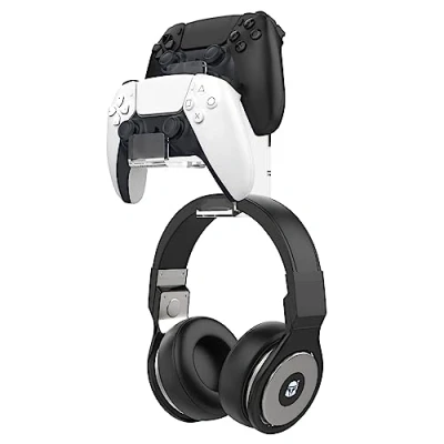 Abbildung von MoKo Controller Halterung, Duale Game &amp; Kopfhörer Halter für One, 360, PS3, PS4, PS5, PC, STEAM, Switch, Universale Headset Wandhalterung aus Acryl, 2 Installationsmethode, Klar