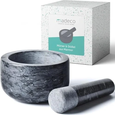 Abbildung von madeco Mörser Marmor mit Stößel Antirutsch Pad für Gewürze &amp; Kräuter, (Set, 2 tlg), Ø 14 x 8,5 cm, 400 ml Füllvolumen