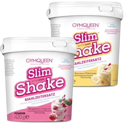 Abbildung von GymQueen Slim Shake, Abnehm Shake 2x420g, Himbeer Joghurt + Banana Milkshake, Diät zum einfachen Abnehmen, Mahlzeitersatz mit wichtigen Vitaminen und Nährstoffen, nur 250 kcal pro Portion