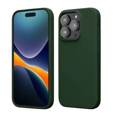 Abbildung von kwmobile Hülle für das iPhone 15 Pro Silikon Handy Case stoßfeste Handyhülle mit weicher Oberfläche Dunkelgrün