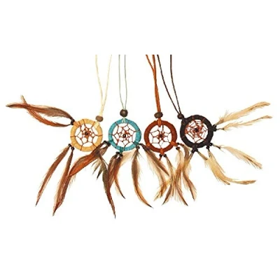 Abbildung von Saraswati Handgerfertigte Traumfänger Dreamcatcher Halskette mit Federn Leder 3cm