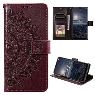 Abbildung von CoverKingz Schutzhülle kompatibel mit Nokia G21 / G11 Handycover Kartenfach Schutztasche Wallet Flip Case klappbar Motiv Mandala Braun