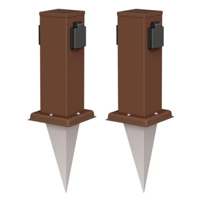 Abbildung von ledscom.de 2 Stück Garten Steckdosen Säule Polly mit Erdspieß für außen, IP44, Fach, braun, eckig, 27cm