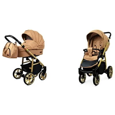 Abbildung von BabyLux Color Lux 2 in 1 Baby Kinderwagen Tief und mit Zubehör Verstellbar faltbar Aluminiumkonstruktion Wasserdichte Nicht abnehmbare Räder Sand Pearl Gold Frame