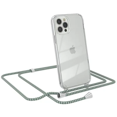 Abbildung von EAZY CASE Kette Schutzhülle kompatibel mit iPhone 12/12 Pro, Stoßfest Fallschutz Bumper Schutzhülle, Handy Straps, Silikonhülle, Handykette abnehmbar, Hell Grün Camouflage Clips Silber