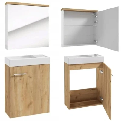 Abbildung von Deftrans Waschtisch + Spiegel Badmöbel Set für Gäste Bad WC 50 x 70 23 cm Eiche, waschbeckenunterschrank und spiegelschrank Bad, badezimmerschrank waschbecken mit unterschrank