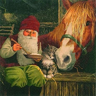 Abbildung von linoows 20 Servietten Weihnachten, Weihnachtsmann im Stall mit Katze und Pferd 33x33 cm