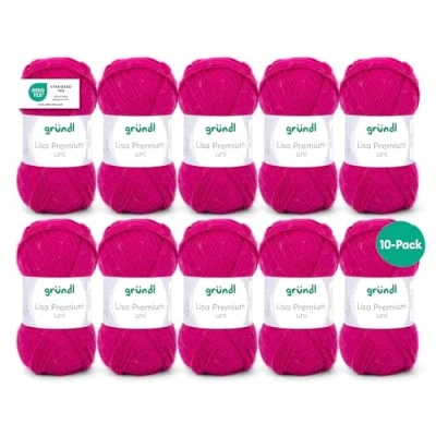 Abbildung von Gründl Wolle Lisa Premium Uni Strickgarn aus 100 % Polyacryl, Garn zum Häkeln/ Stricken 50 g / 133 m, 10 x Knäuel, Nadel: 3,5 4,5, Fuchsia