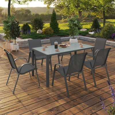 Abbildung von IDMarket Gartenmöbel Set Madrid, Tisch 150 cm und 6 stapelbare Stühle, Anthrazit, helle Platte