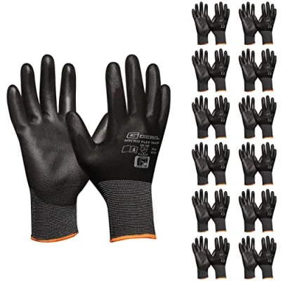 Abbildung von Gebol Micro Flex Touch 12er Set Arbeitshandschuhe mit Touchfunktion leichte Schutzhandschuhe Feingefühl Damen und Herren Größe XL (Gr 10) Schwarz 12 Paar Multipack