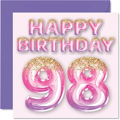 Abbildung von Geburtstagskarte zum 98. Geburtstag für Frauen rosa und lila Glitzerballons Happy Karten 98 Jahre alte Frau Mama Great Nanny Grandma Gran 145 mm Ninety Eight Nunety Eighth Greeting Cards Gift