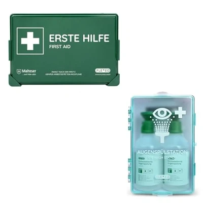 Abbildung von Betriebsverbandkasten nach neuer DIN 13157:2021 mit Wandhalterung &amp; Augenspülstation gemäß ASR Verbandskasten Erste Hilfe Kasten Koffer für Betriebe Wandmontage Verbandkasten First aid