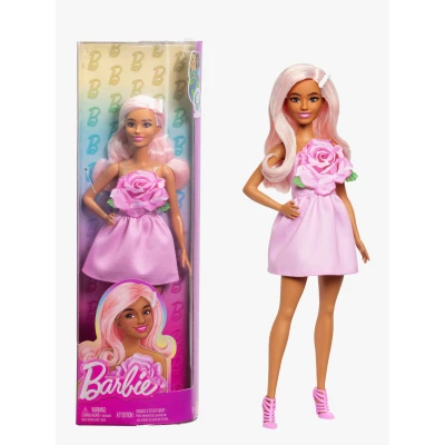 Abbildung von Barbie Fashionistas Puppe Nr. 238 mit pastellrosa Haaren, einem trägerlosen Kleid Rosenoberteil, Perlenhaarspange und Riemchenschuhen hohen Absätzen, HYT94