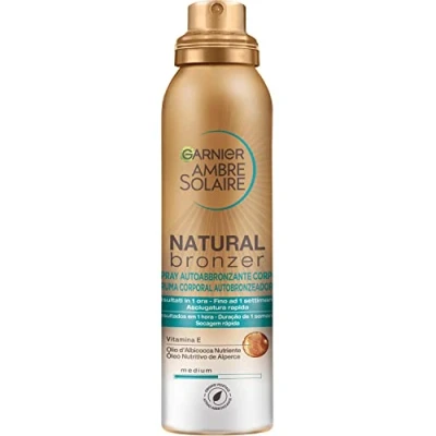 Abbildung von Garnier Selbstbräunungsspray, Natural Bronzer, für eine gleichmäßige und natürliche Bräunung, schnell einziehend, nährende Wirkung, mit Aprikosenöl Vitamin E, Ambre Solaire 150 ml