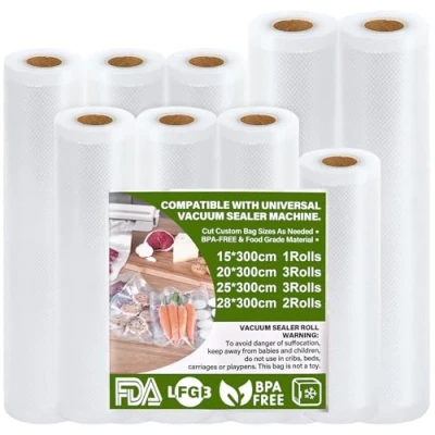 Abbildung von GIBOHOM Vakuumierbeutel Rolle 15/20/25/28 x 300 cm/9 Rollen, 150 µm Vakuumbeutel Lebensmittel BPA frei Stark Reißfest, Vakuumierfolie für Vakuumiergerät, Kochfest, Sous Vide Gefrierbeutel