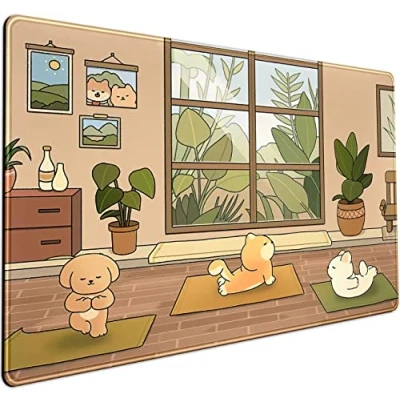 Abbildung von Niedliche Kawaii Schreibtischunterlage, ästhetisch, Cartoon Anime Mauspad, XXL, erweitertes Gaming Hasenbär, Hunde, Yoga, Hauspflanzen, Tastatur, Laptop, 80x40 cm