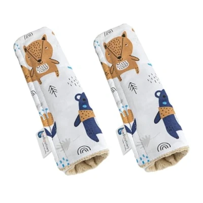 Abbildung von Medi Partners 2 Stück Gurtpolster Schulterpolster für Auto 17x22cm Baby 100% Baumwolle Minky doppelseitig Autogurt Gurtschutz Sportwagen scheuerstellen (Boho Animals mit beige Minky)