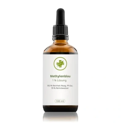 Abbildung von Methylenblau 1% 100 ml Braunglasflasche mit Glas Pipette aus 99,9% Reinheit Reag. Ph. Eur.