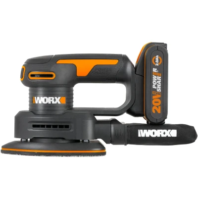 Abbildung von Worx Akku Tellerschleifer &quot;WX822&quot;, für Holzmöbel und Türen, mit Staubfangsack, &amp; Ladegerät
