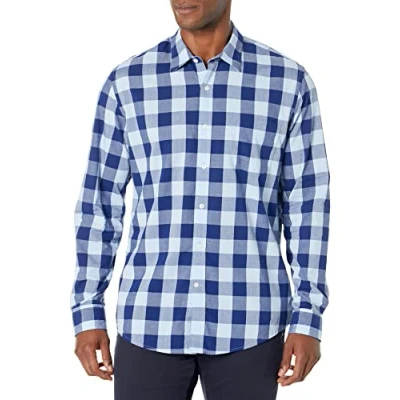 Abbildung von Amazon Essentials Herren Langärmeliges Hemd aus Popeline, Schmale Passform, Blau Buffalo Karos, XXL