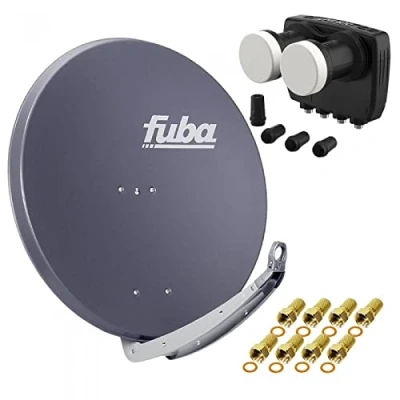 Abbildung von Digital Sat Anlage 2 Satelliten Astra/Hotbird 4 Teilnehmer Fuba DAA850A Schüssel 85cm anthrazit + DUR line MB6 QS Monoblock Quad LNB 6 (DVB S2, HDTV, 4K/8K, 3D) 8xF Stecker vergoldet