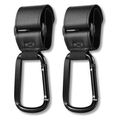 Abbildung von Kinderwagen Haken für Wickeltaschen, Kinderwagenhaken 2er Set Stroller Hooks, Universelle Karabiner, Buggy Clips Schwarz, Zur Befestigung von Taschen am Zubehör, oder Sportwagen