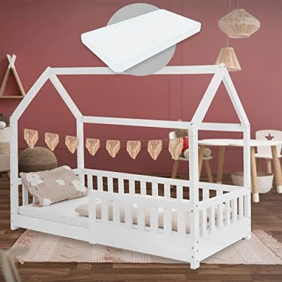 Abbildung von ML DESIGN Kinderbett Hausbett Spielbett inkl. Lattenrost kreativ Bodenbett für Kinder (Komplett Set), Abenteuerbett mit Rausfallschutz Kiefer Weiß Himmelbett