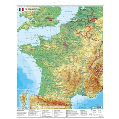 Abbildung von Frankreich physisch mit UNESCO Welterbestätten und Nationalparks Wandkarte Metallbeleistung NEUE AUFLAGE: Nationalparks, Kleinformat