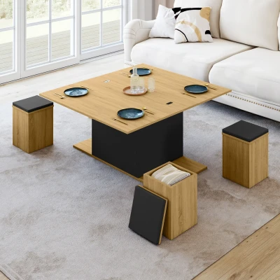 Abbildung von Rechteckiger Couchtisch aus Holz und Schwarz, hochklappbar, umwandelbar in einen Esstisch mit Hockern IDMarket