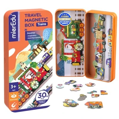 Abbildung von mierEdu Magnetspiel Box Züge Magnetische Bausteine &amp; für Kinder ab 3 Jahre, Lernspiel Reisespiel Fördert Motorik Fantasie, Spielzeug unterwegs
