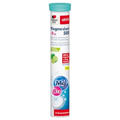 Abbildung von Doppelherz Magnesium 500 + B12 mit &amp; Vitamin zur Unterstützung der normalen Muskelfunktion vegan 15 Brausetabletten Limetten Geschmack