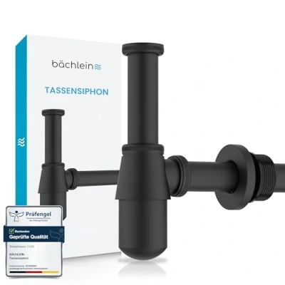 Abbildung von Bächlein Tassensiphon Universal für Waschbecken &amp; Waschtisch (Matt Schwarz), Geruchsverschluss mit Reinigungsöffnung + Einbauanleitung Designsiphon Ablaufgarnitur Flaschensiphon