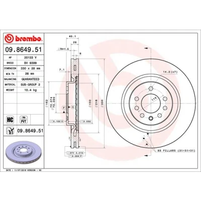 Abbildung von BREMBO 09.8649.51 Bremsscheibe 330 28 7 innenbelüftet beschichtet hochgekohlt OPEL: Corsa E Schrägheck