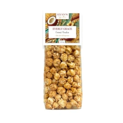 Abbildung von Everly Grace Popcorn Coconut Paradise, 100 g Tüten mit tropischer Kokosnuss aus unserer Manufaktur in Augsburg, Deutschland