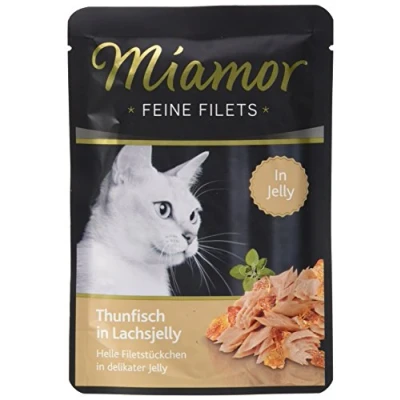 Abbildung von MIAMOR Feine Filets in Jelly Nassfutter für ausgewachsene Katzen mit Filetstückchen Jelly. Fettarmes Ergänzungsfutter im Frischebeutel ohne Zusatzstoffe 24x100g Thunfisch Lachsjelly