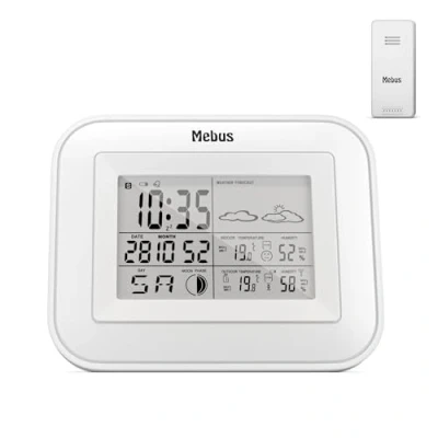 Abbildung von Mebus Funk Wetterstation mit Außensensor, Komfort Indikator, Anzeige von Temperatur, Luftfeuchtigkeit (je innen und außen), Wettervorhersage, Mondphasen/Material: Kunststoff/Farbe: Weiß/Modell: 40649