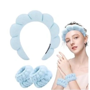 Abbildung von Spa Stirnband Damen Make Up Haarband Abschmink Schwamm Skincare Headband mit Handgelenk Waschband für Abschminken Gesicht Waschen Duschen Sport Hautpflege (Blau)