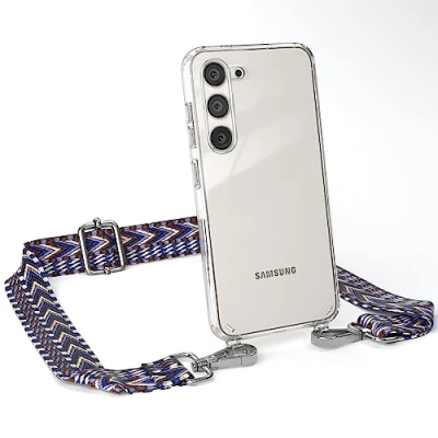 Abbildung von EAZY CASE Handykette Verstellbarer Handyriemen kompatibel mit Samsung Galaxy S23, Kette für Phone, dünner Riemen, Taschengurt Hülle, DIY Handyband, Blau/Weiß Carabiner Silber