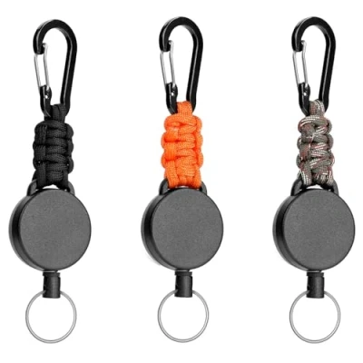 Abbildung von AiQInu 3 Stücke Schlüsselanhänger Ausziehbar, Schlüsselband Einziehbarer Schlüsselanhänger, Schlüsselkette Karabiner mit 60cm Stahldrahtseil (Schwarz+Camouflage+Orange)