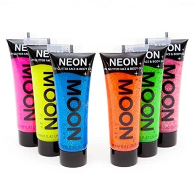 Abbildung von Moon Glow Neon 6x12ml UV Glitter Gel Bodypaint Körpermalfarben Schwarzlicht fluoreszierende Schminke Bodypainting Farben Leuchtfarben