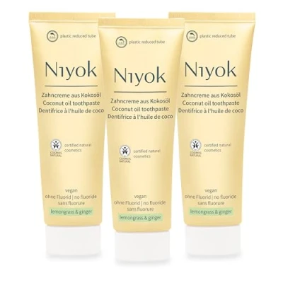 Abbildung von Niyok® Zahncreme aus Bio Kokosöl &quot;Zitronengras &amp; Ingwer&quot; (3 x 75ml) Natürliche Zahnpasta für weiße Zähne Intensive Pflege Frische Schützt das Zahnfleisch Ohne Fluorid Vegan
