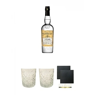 Abbildung von Plantation 3 Stars White Rum Jamaica, Barbados, Trinidad 0,7 Liter + Glas 1 Stück Schiefer Glasuntersetzer eckig ca. 9,5 cm Ø 2