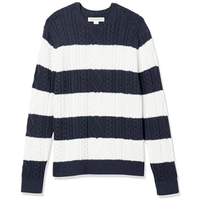 Abbildung von Amazon Essentials Herren Pullover mit Langen Ärmeln und Rundhalsausschnitt aus 100% Baumwolle Zopfmuster, Marineblau Weiß Rugby Streifen, L