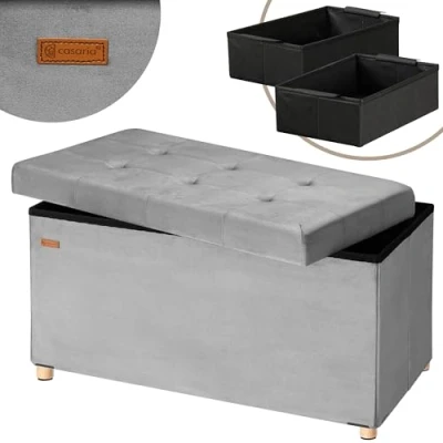 Abbildung von Casaria® Sitzbank mit Stauraum Grau Samt inkl. Boxen &amp; Füßen Faltbar 300kg Belastbar 76cm Truhe Wohnzimmer Schlafzimmer Flur Truhenbank Bank