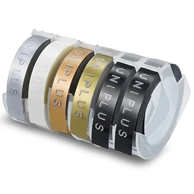 Abbildung von UniPlus Etikettenband Kompatibel mit Dymo Omega Prägeband als Ersatz für 9mm 3D Prägeetiketten Junior S0717930 Motex E 101 103 Weiß auf Schwarz Gold Champagner Silber Transparent
