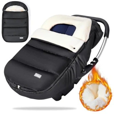 Abbildung von Orzbow Fußsack Babyschale Winter,Universell Einschlagdecke Winter mit Verstellbarem Kragen,Warmes Korallenvlies Futter,Reißverschluss,passend für Maxi Cosi,Cybex,Römer usw. (Schwarz)