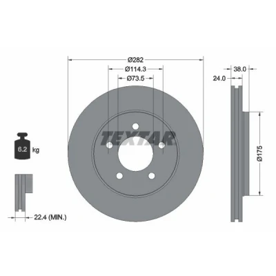 Abbildung von TEXTAR 92108700 Bremsscheibe 282 24 05/05 114,3 innenbelüftet ohne Radbefestigungsbolzen, Radnabe CHRYSLER: Voyager 4, / Grand 3