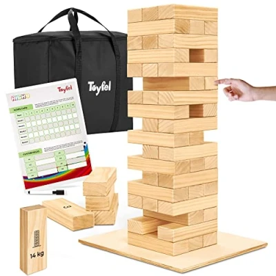 Abbildung von XXL Wackelturm Riesen Stapelturm Outdoor Spiel Toyfel® Holz 0,7 1,2m hoch Bodenplatte, Tragetasche, Punktetafel Familienspiele FSC® Gartenspiele Spiele für draußen Tip Tower