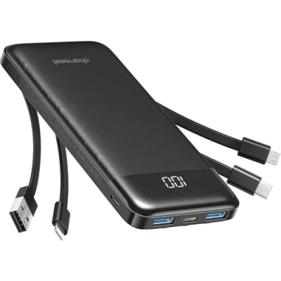 Abbildung von Charmast Externer Akku 10000 mAh mit 4 integrierten Kabeln tragbarer USB C Slim Power Bank 6 Ausgängen und 3 Eingängen für iPhone 12 13 11 Samsung S21 S22